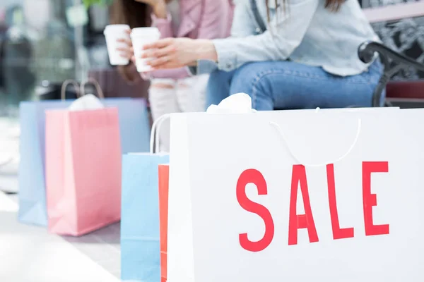 Big Paperbag Sale Notice Shopaholics Having Rest Background — Stock Photo, Image