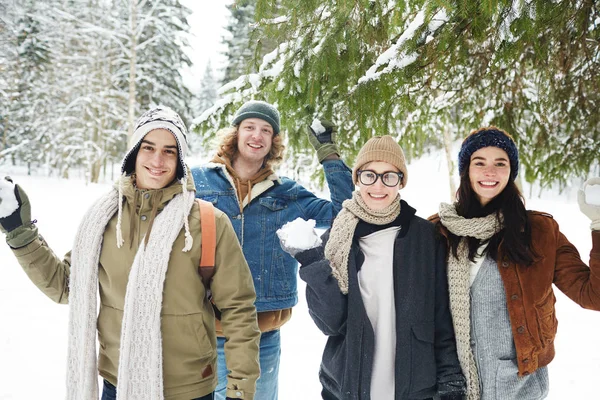 Portrait Taille Haute Quatre Jeunes Gens Heureux Amusant Station Hiver — Photo