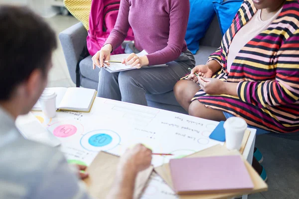 Närbild Grupp Studenter Som Sitter Och Arbetar Över Projekt Team — Stockfoto