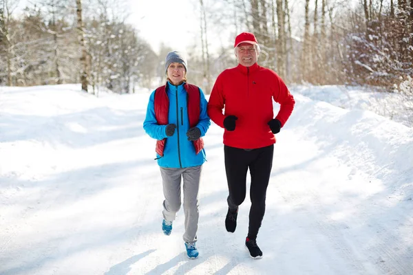 Active Seniors Jogging Winter Road Forest Sunny Day Morning — Stock Photo, Image