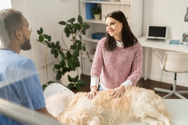 Sorrindo Jovem Mulher Lado Seu Animal Estimação Retriever Mesa Médica — Fotografia de Stock