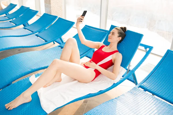 Cute Young Woman Swimsuit Making Selfie Smartphone While Relaxing Blue — Stock Photo, Image