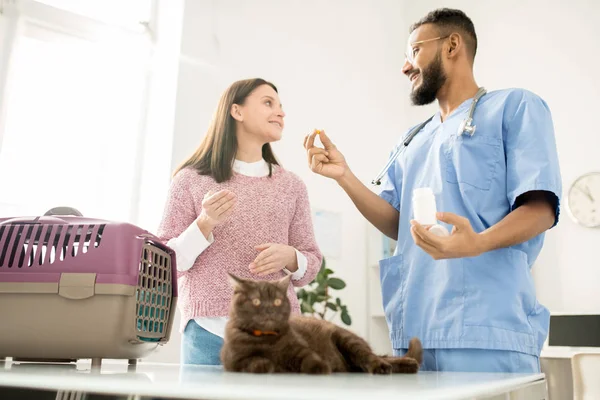 Young Veterinary Professional Consulting Owner Sick Pet Showing Vitamins Health — Stock Photo, Image