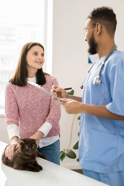 Young Woman Petting Cat Discussing Ways Medical Treatment Her Pet — Stock Photo, Image