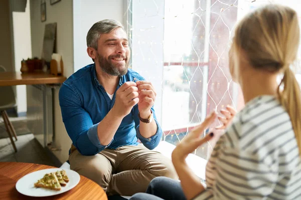 Happy Young Amorous Man Showing Engagement Ring His Girlfriend While — Stock Photo, Image