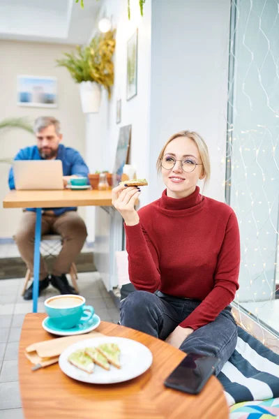 Happy Young Blonde Female Casualwear Having Coffee Sandwiches While Spending — Stock Photo, Image