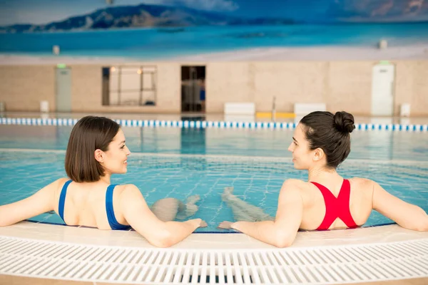 Back View Two Young Sporty Girls Swimwear Resting Swimming Pool — Stock Photo, Image