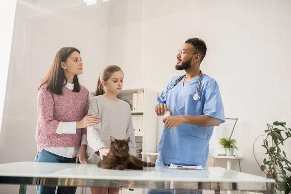 Young Veterinary Doctor Medicine Talking Owners Cat While Explaining Them — Stock Photo, Image