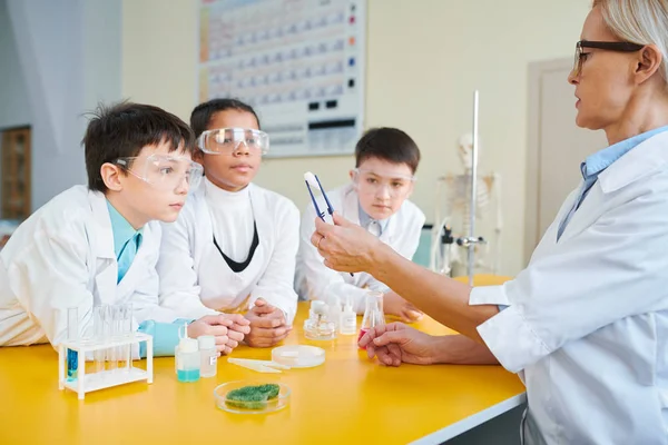 Kimya Öğretmeni Cımbızda Kimyasal Madde Parçasını Tutarken Öğrencilerin Özelliklerini Anlatıyor — Stok fotoğraf