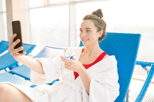 Contemporary Young Woman Glass Martini Making Selfie While Enjoying Rest — Stock Photo, Image