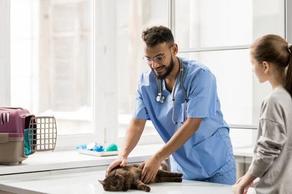 Feliz Joven Médico Veterinario Uniforme Acariciando Gato Mientras Consulta Chica — Foto de Stock