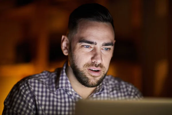 Young Man Sitting Front Laptop Night Communicating Video Chat Someone — Stock Photo, Image