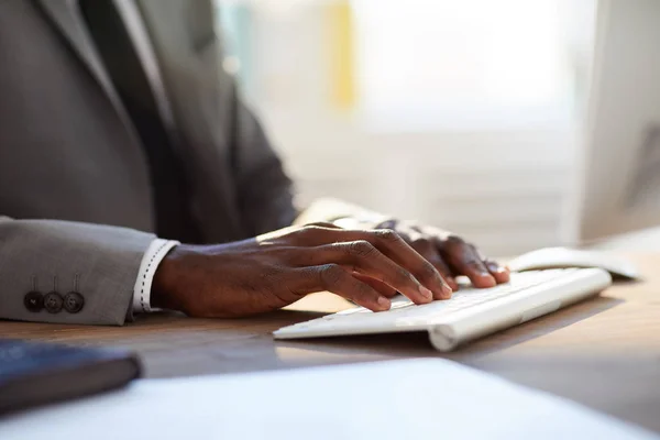 Fingers Young African American Businessman Keys Computer Keypad Analyzing Work — Stock Photo, Image