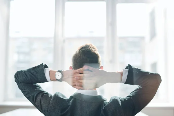 Rear View Elegant Businessman Formalwear Keeping His Hands Back Head — Stock Photo, Image