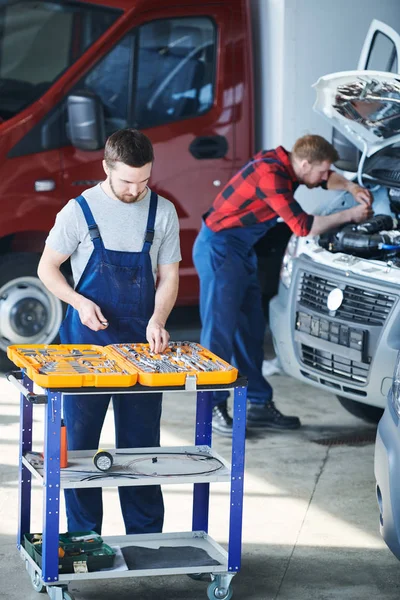 One Young Technicians Workwear Selecting Handtools Toolbox Background His Colleague — Stock Photo, Image