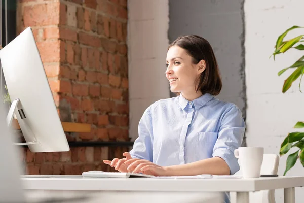 Smiling Young Manager Other Specialist Reading Online Information Computer Screen — Stock Photo, Image