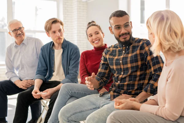 Happy Young Handsome Man Casualwear Talking One Groupmates Counselor Psychological — Stock Photo, Image