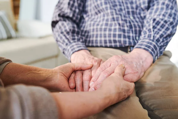 Aged Supportife Wife Holding Her Mature Husband Hands While Supporting — Stock Photo, Image