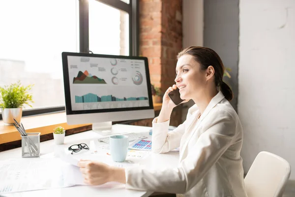 Successful Contemporary Accountant White Suit Consulting Someone Phone While Looking — Stock Photo, Image