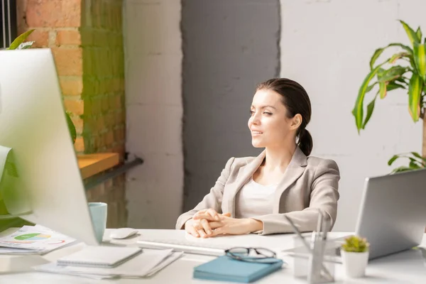 Young Restful Pensive Female Office Manager Elegant Suit Looking Window — Stock Photo, Image