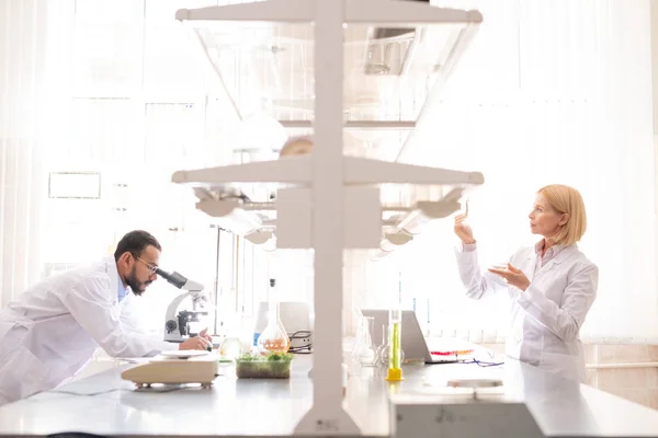 環境バイオテクノロジー研究室で働きながら 机に立ち サンプルを分析する白いコートを着た真剣忙しい実験室の労働者 — ストック写真