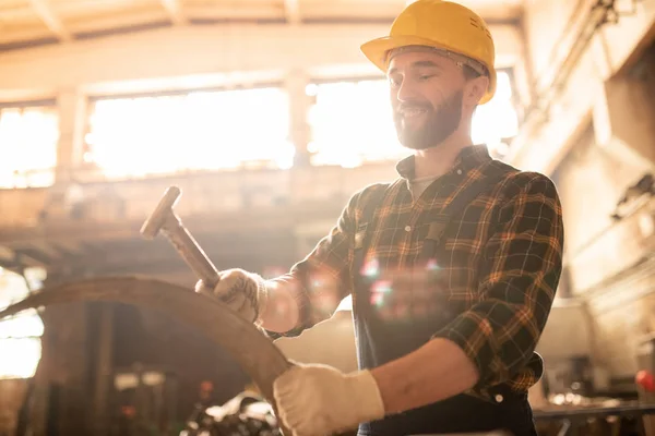 Young Worker Contemporary Machinebuilding Plant Holding Metallic Workpiece Hammering — Stok fotoğraf