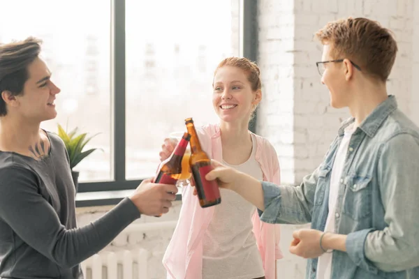 Happy Girl Two Guys Clinking Beer Juice While Looking Each — Stock Photo, Image