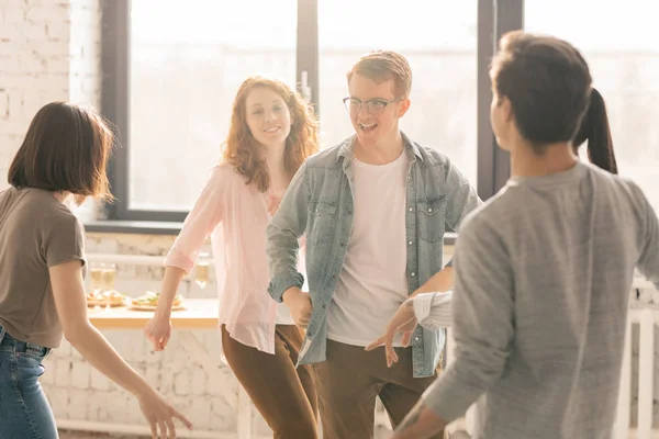 Group Young Cheerful Friends Casualwear Dancing Home Party While Spending — Stock Photo, Image