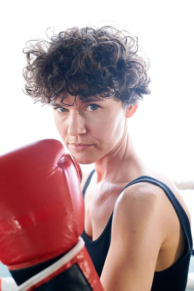 Junge Ernsthafte Brünette Mit Lockigem Haar Die Dich Ansieht Während — Stockfoto