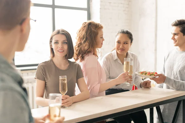 Young Woman Flute Champagne Sitting Table Talking Her Boyfriend While — Stock Photo, Image