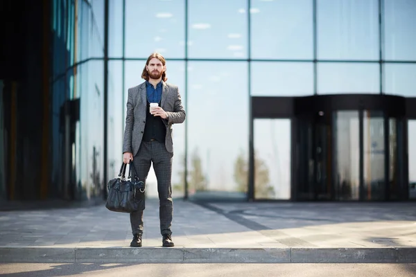 Young Elegant Well Dressed Businessman Travel Handbag Drink Standing Far — Stock Photo, Image