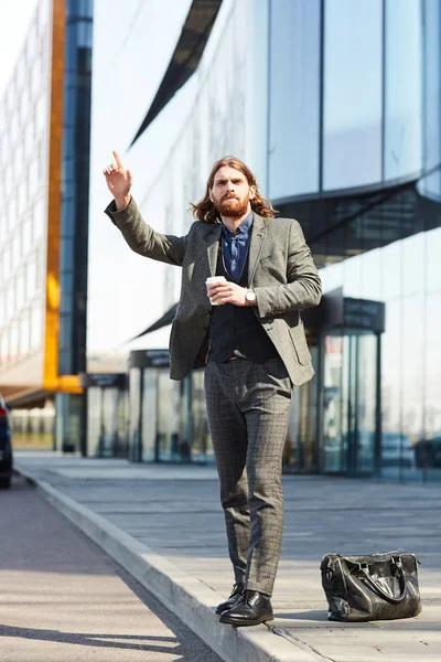 Hurrying Young Businessman Drink Handbag Standing Road Trying Catch Taxi — Stock Photo, Image