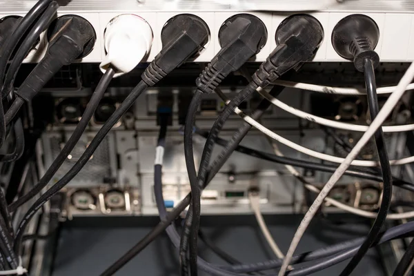 Close Black White Power Plugs Connecting Sockets Database Server Background — Stock Photo, Image