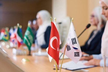 Siyasi forum sırasında delege sırasının arka planında Türk bayrağı ve diğer iki yabancı ortak ülke daha