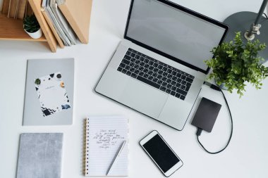 Açık dizüstü bilgisayar, akıllı telefon, bazı fotokopi kitapları, kalem ve öğrenci veya yöneticinin işyeri olan masa üzerinde yeşil bitki üst görünümü