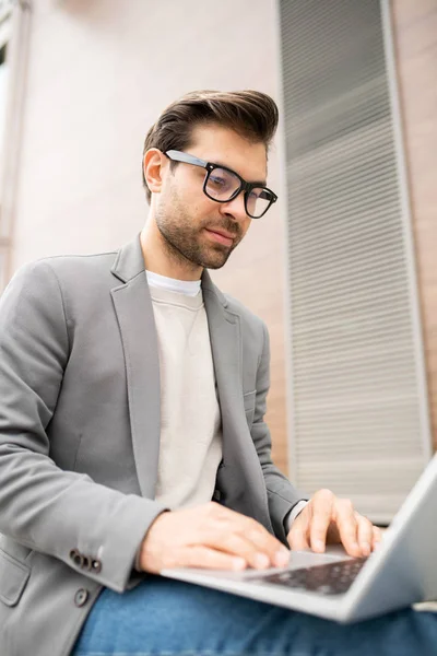 Serious Young Businessman Smart Casual Concentrating Working New Project Front — Stock Photo, Image
