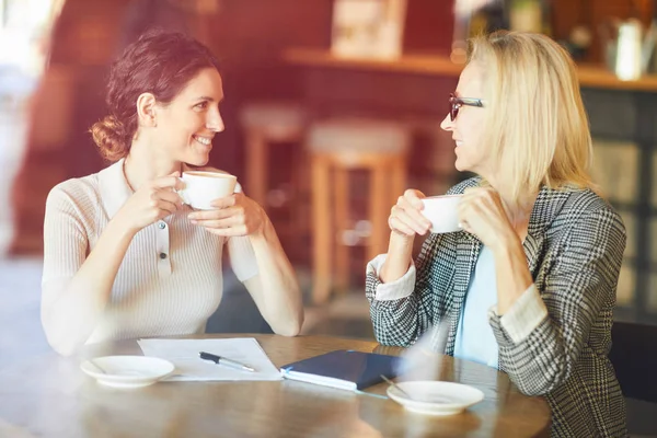 新しいプロジェクトや新しい仕事のアイデアのポイントを議論しながら カフェでコーヒーを飲む2人の陽気なかわいい女性 — ストック写真