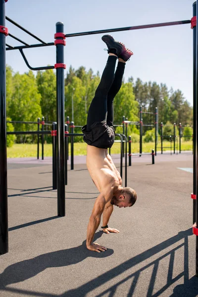 Topless Young Sportsman Black Leggins Shorts Sneakers Standing Hands Sportsground — Stock Photo, Image