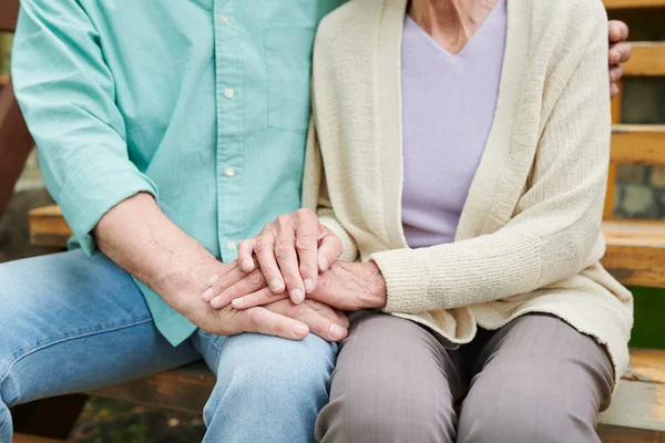 Devoted Senior Husband Wife Casualwear Having Rest Wooden Bench Summer — Stock Photo, Image