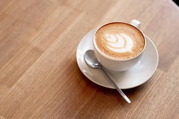 Yummy Aromatic Cappuccino White Porcelain Cup Saucer Spoon Wooden Table — Stock Photo, Image