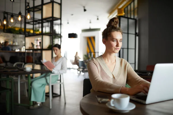 Jonge Serieuze Zakenvrouw Casualwear Kijken Naar Laptop Display Tijdens Het — Stockfoto