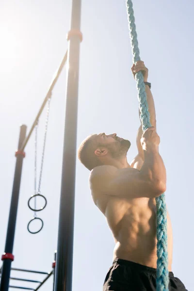 Joven Deportista Musculoso Sin Camisa Trepando Cuerda Colgada Instalaciones Deportivas — Foto de Stock