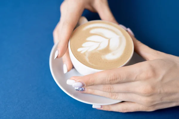 Cup Aromatic Hot Yummy Cappucino Foam Milk Ornament Female Hands — Stock Photo, Image