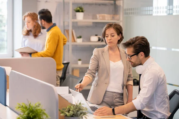 Geschäftsleute Diskutieren Gemeinsam Präsentation Erfahrene Projektmanagerin Zeigt Auf Laptop Bildschirm — Stockfoto