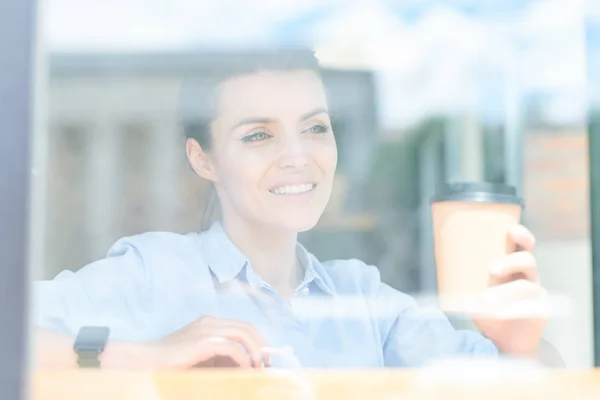 Jolly Attractive Young Woman Blue Shirt Standing Counter Glass Drinking — Stock Photo, Image