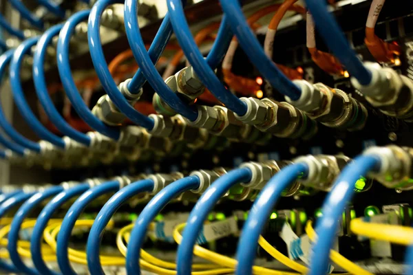 Close Blue Fiber Optical Cables Plugged Supercomputer Green Sensors Network — Stock Photo, Image