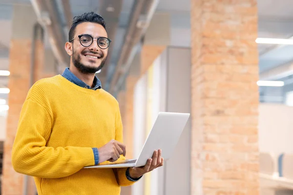 Portrait Cheerful Handsome Mixed Race Office Man Beard Standing Loft — Stock Photo, Image