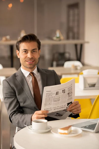 Young Successful Entrepreneur Elegant Suit Sitting Table Cafe Having Tea — Stock Photo, Image