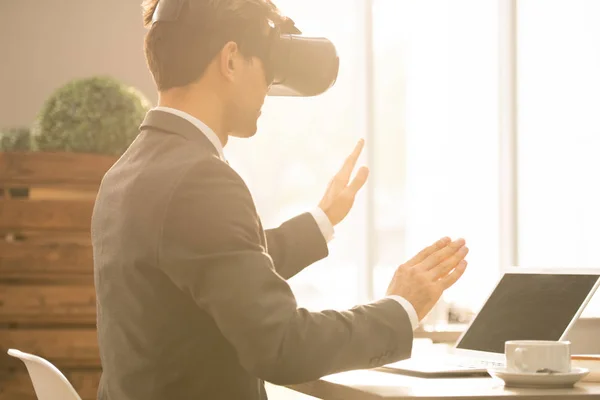 Elegant Businessman Formalwear Headset Touching Virtual Display While Making Watching — Stock Photo, Image