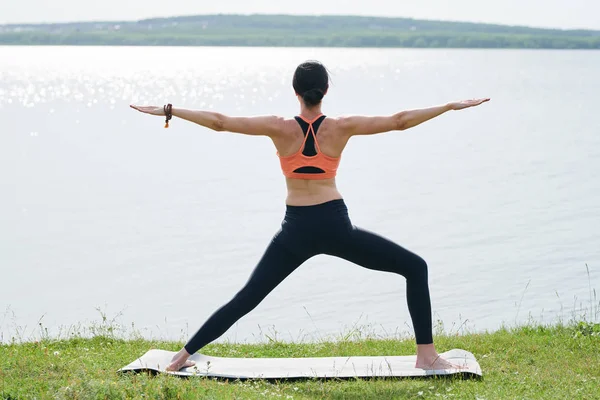 年轻女子在打底裤站在瑜伽垫和提高手臂平行地面 而考虑湖的后视图 — 图库照片